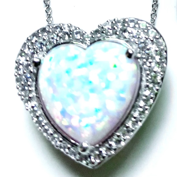 Sterling Silver Heart Shaped Lab Created Opal and Sapphire Necklace - Picture 7 of 7